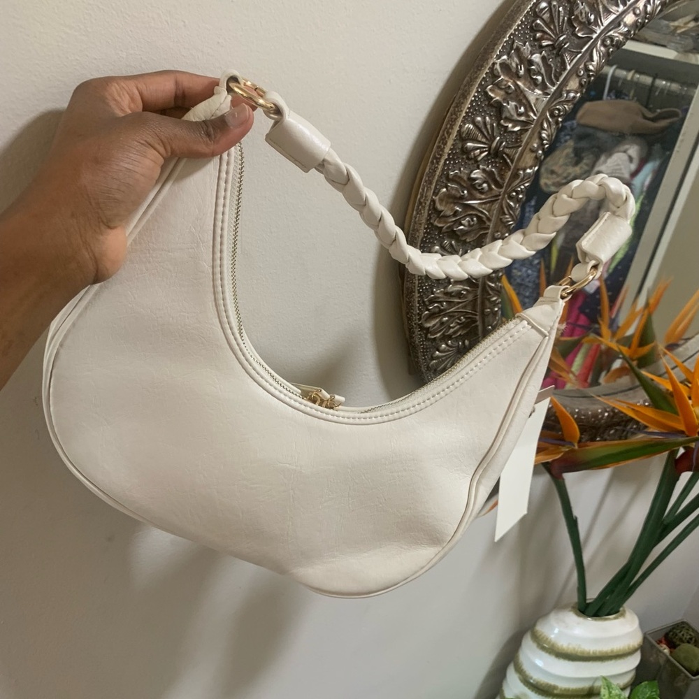White Crescent Shoulder Bag with Textured Finish